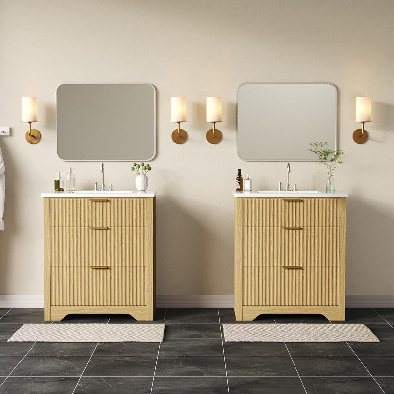 30" Fluted Bathroom Vanity with Sink, Farmhouse Freestanding Vanity Cabinet with 2 Drawers & Flip Drawer, Easy Clean, Natural Oak
