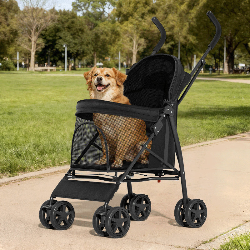 4-Wheel Folding Pet Stroller, Foldable Dog Jogger Stroller with Adjustable Canopy and Cup Holder, Black