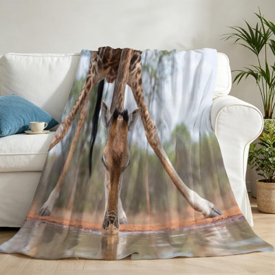 Jeté en flanelle bleue ultra douce, imprimé girafe couleur horizontale