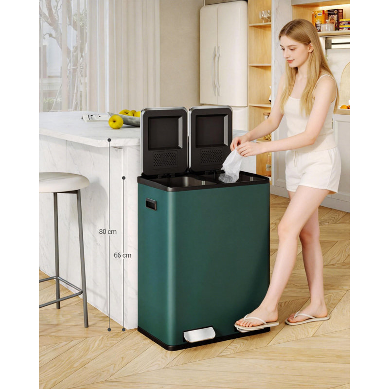 Kitchen Bin, Recycling Bins, Pedal Bin with Lid, Stainless Steel Kitchen Bins Recycling and Waste, Silent Slow-Down Closing Lid, With 15 Exclusive Trash Bags