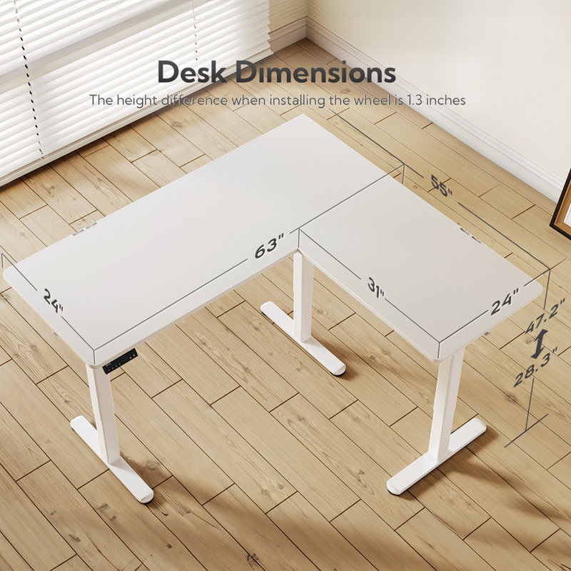 Schlater 63'' L-Shaped Height Adjustable Standing Desk, White, White