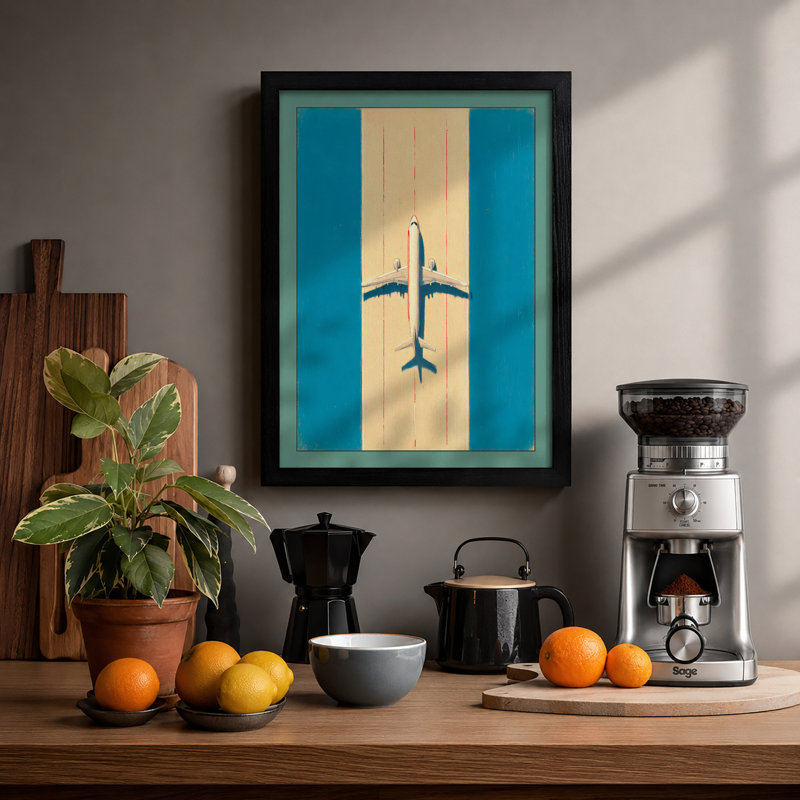 Plane Over Runway Geometric 1 Piece Single Picture Frame Wall Art, A4 - 29.7 x 21.0 cm, Black