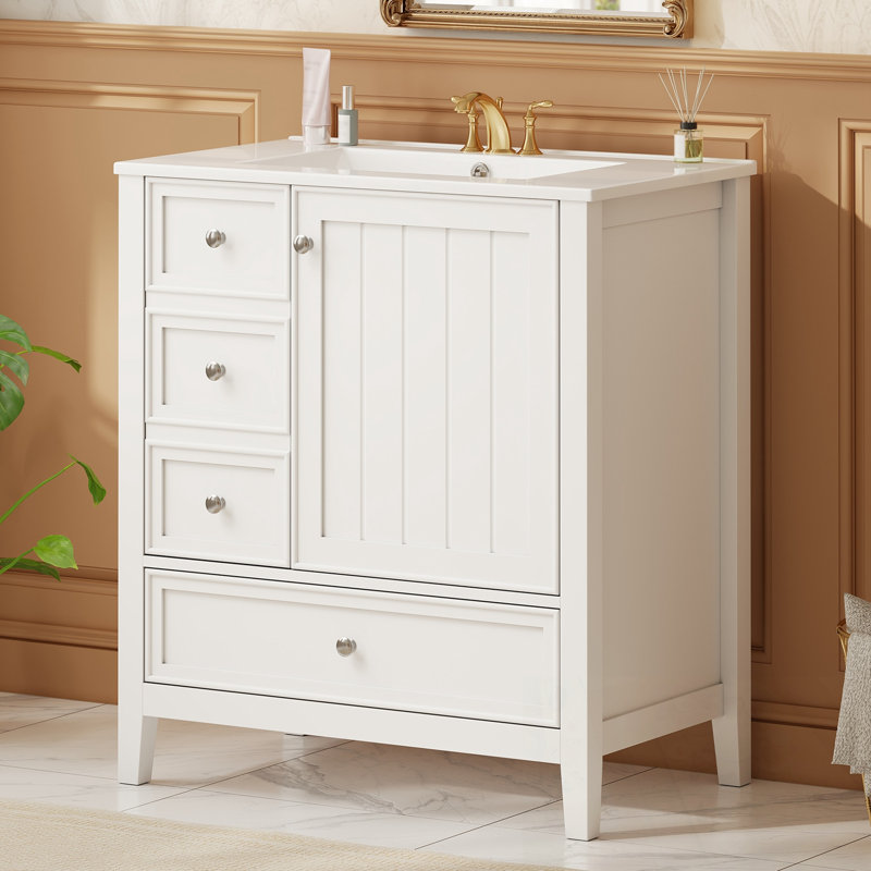 Bathroom Vanity with Sink, One Cabinet and Three Drawers, White