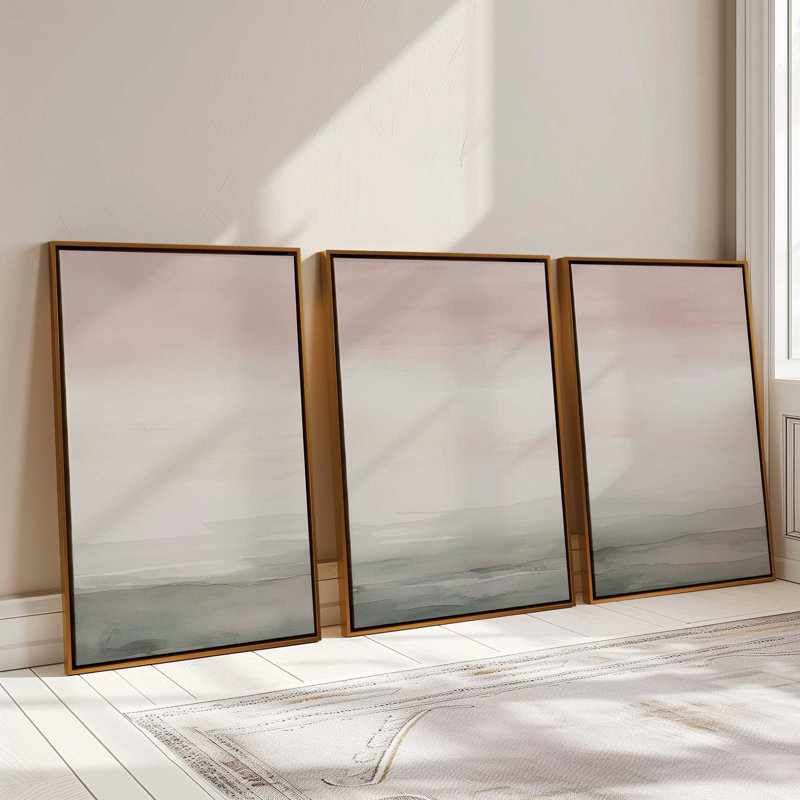 «Peach Tranquility», ensemble de 3 toiles encadrées, Cadre flottant noir satiné, H 18,75 po x l 38,25 po x P 1,75 po