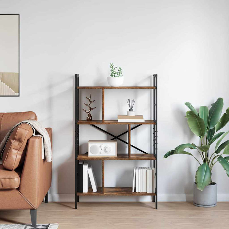 75cm W Steel Etagere Bookcase, (4 Shelves) 123.5cm. H x 75cm. W x 30cm. D, Smoked Oak