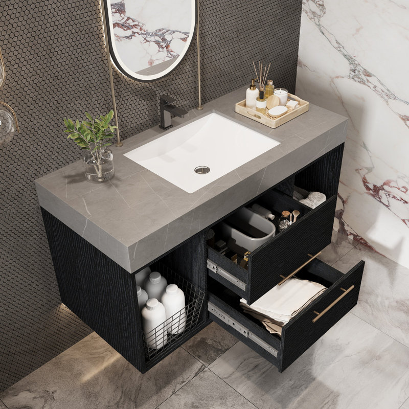 Meuble-lavabo mural 39 po avec lavabo, plateau en pierre frittée et armoire en bois massif 39 po