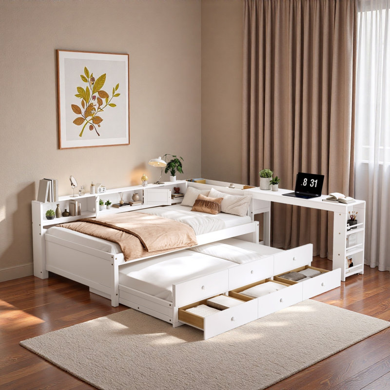 Wood Daybed With Storage Drawers, Side Shelves, Desk And Trundle, Twin, White