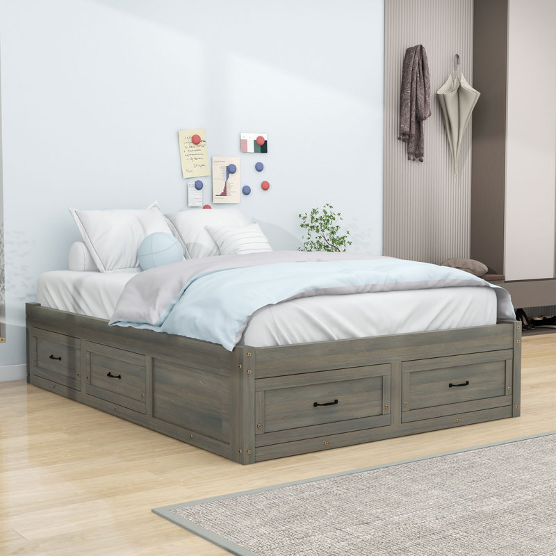 Lit plateforme en bois avec 6 tiroirs, Gris antique, Double