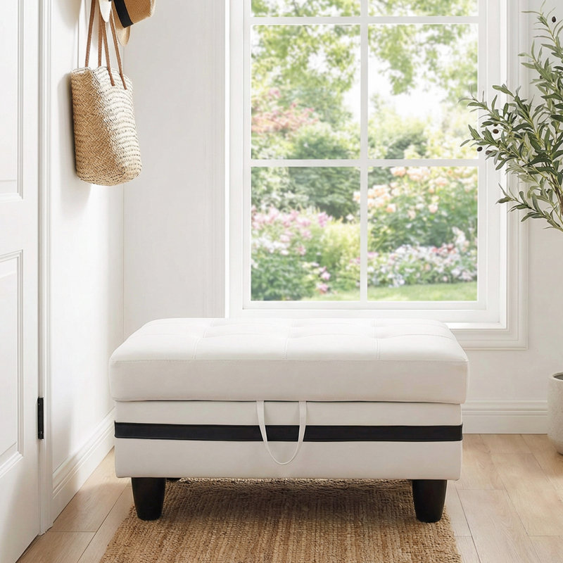 Rectangular Storage Ottoman Bench With Hinged Lid, Faux Leather Footrest For Living Room, Bedroom, Entryway, White&Black, 34"X22.8"X17.5"