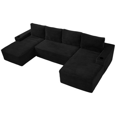 Canapé d'angle en forme de U 6 places en velours côtelé, canapé modulaire compressible Cloud avec porte-gobelets et rangement pour salon, structure à ressorts ensachés pour un confort luxueux, noir, poids intégré de 75,8 kg