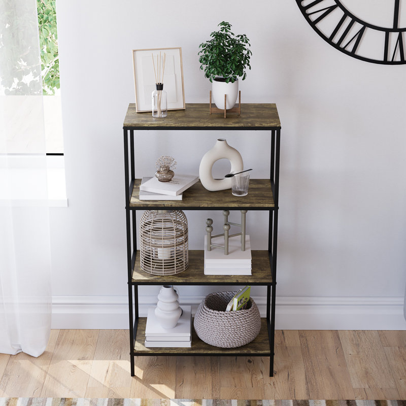 Sylvie 4 Tier Industrial Style Bookcase Living Room Shelving Unit With Metal Frame, Dark Wood
