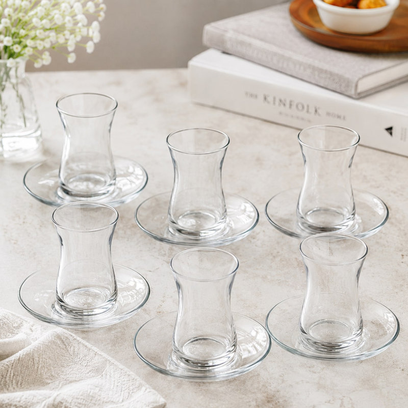 Set of 6 130ml Glass Tea Cup & Saucer Stackable Gift Boxed