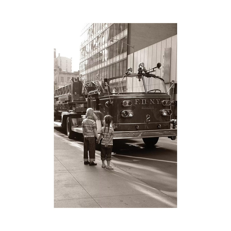 1970s 2 Children Boy Girl Holding Hands Looking At Fire Truck Parked On Street New York City - Wrapped Canvas Print