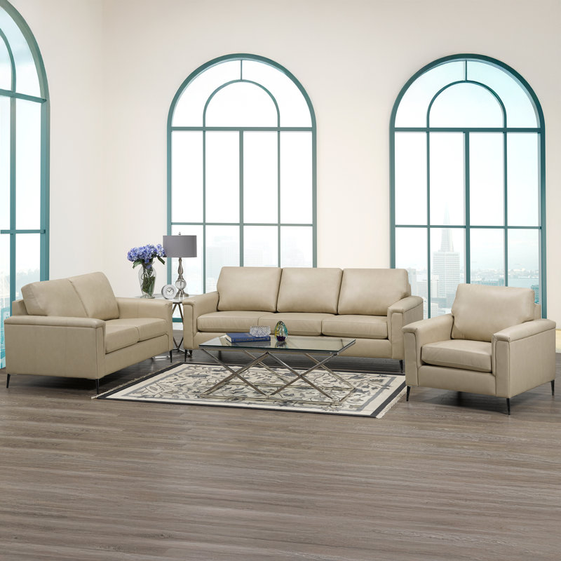 Ensemble de canapé, causeuse et chaise en cuir Bayerl, Ivoire ivoire