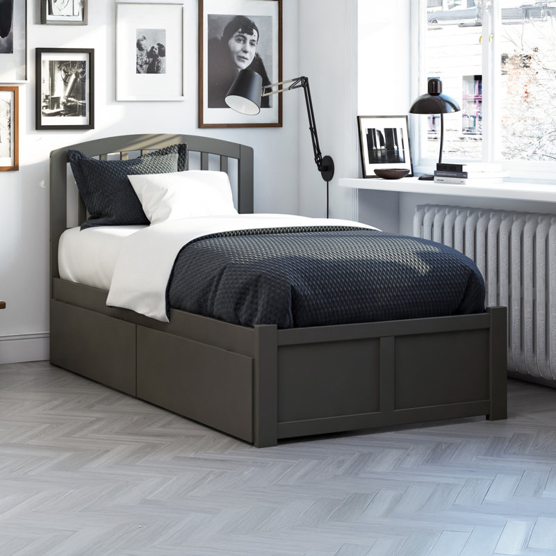 Lit plateforme avec rangement en bois massif et pied de lit Florio, Simple, Gris