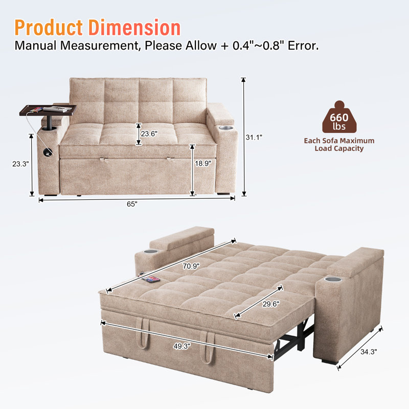 65" Convertible Sleeper Sofa With Pull-Out Bed, Loveseat Sofa Bed with Adjustable Backrest & 360° Swivel Side Table, Khaki