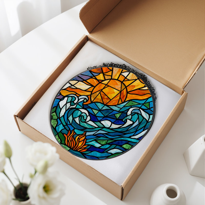 Panneau de vitrail 12 "H Sunset Waves, 12" H x 12" W