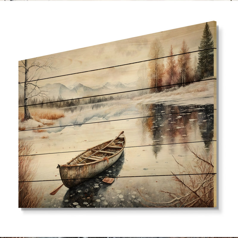 Scène d'hiver avec canot I - impression sans cadre sur bois, H 24 po x l 32 po x P 1 po