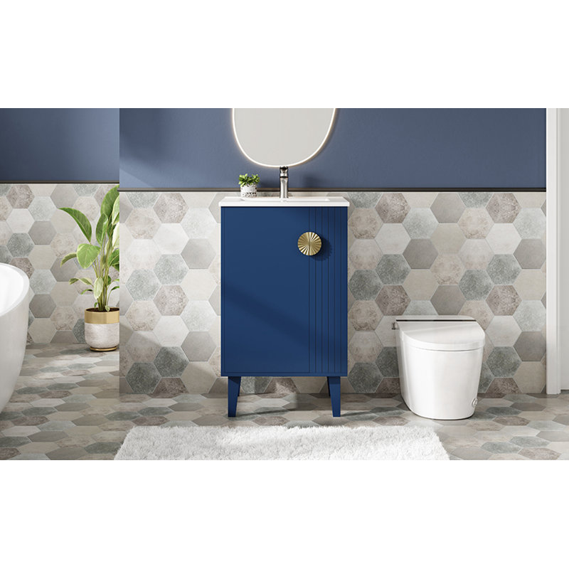 Meuble-lavabo de salle de bain avec lavabo, porte à fermeture douce et tablette latérale, Bleu