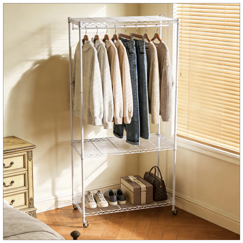 Heavy Duty Freestanding Clothes Rack with Adjustable Shelves and Wheels, Ideal for Efficient Closet Organization and Storage