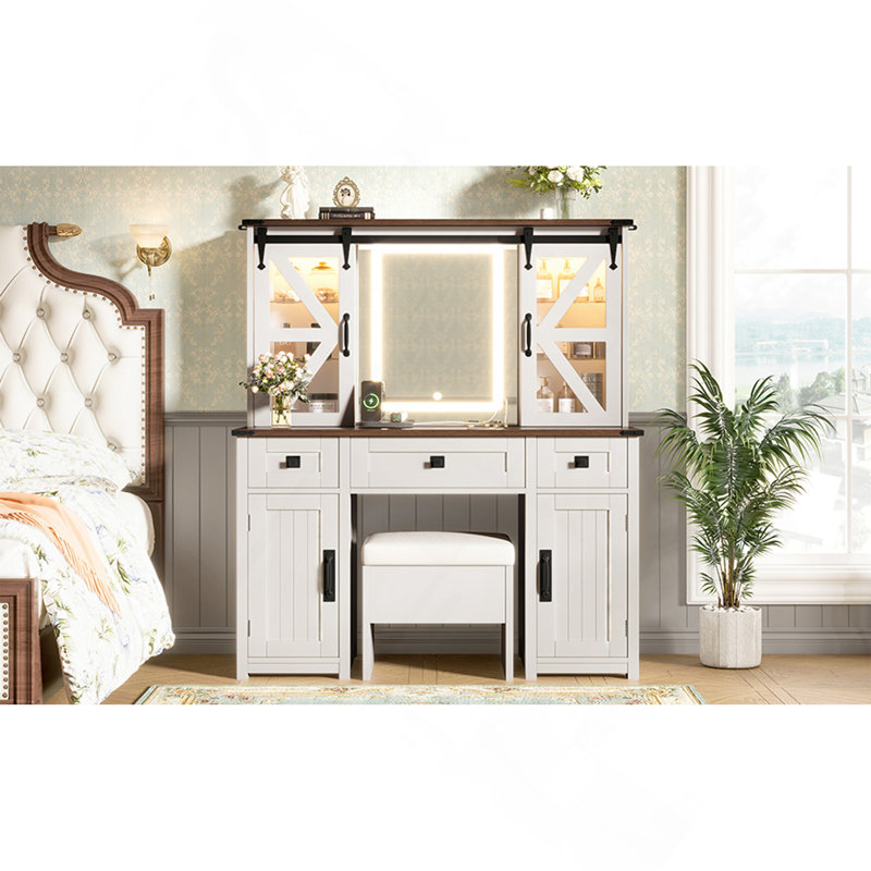 43.3" Farmhouse Makeup Vanity Desk With Lighted Mirror, Vanity Table Set With Storage Stool And Charging Station, Dressing Table With Sliding Barn Door Hidden Shelves & 3 Drawers & 4 Cabinets, Beige