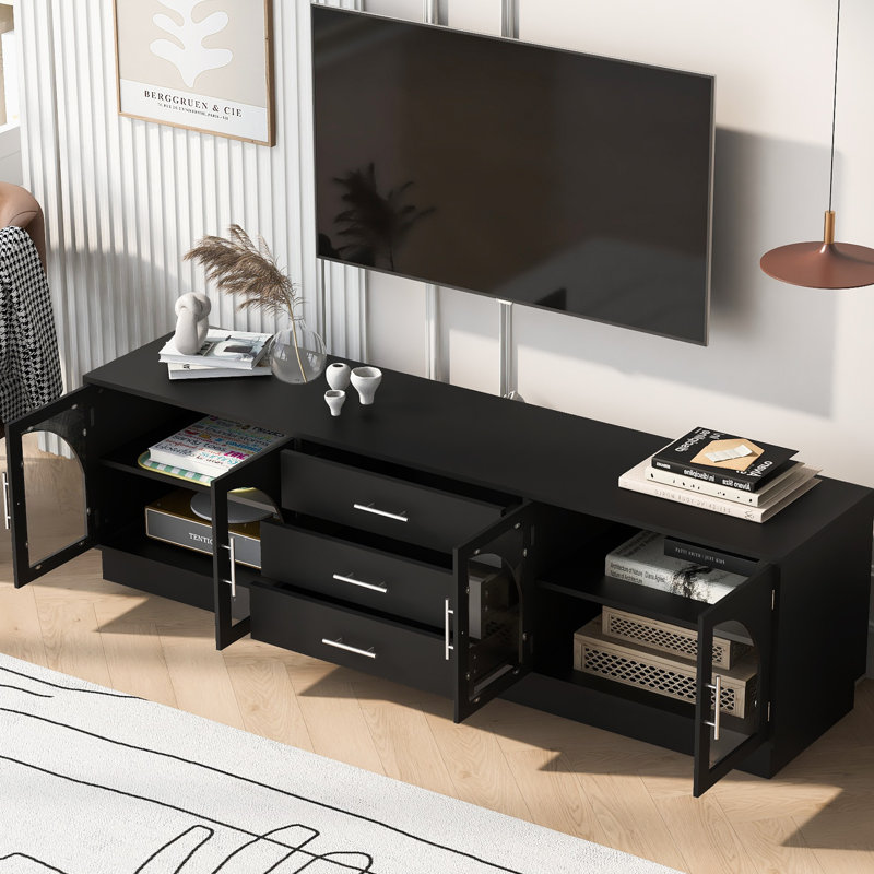 Marquala  TV Stand With Arched Glass Doors, 3 Drawers, 2 Cabinets With Adjustable Shelves, Black