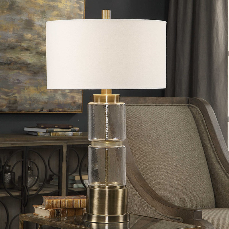 Vaiga Clear Glass and Brass Table Lamp with White Drum Shade
