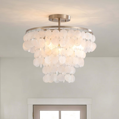 Plafonnier encastré en coquille blanc naturel à 4 lumières Paula - 18 pouces de diamètre x H 17,5 pouces - nickel satiné