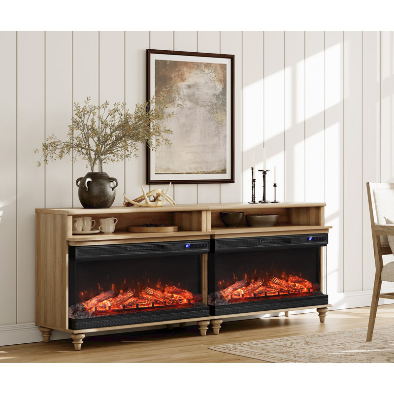 Sideboard Cabinet With Storage Shelf, Vintage Wood Grain Design, Buffet Cabinet With 36" Electric Fireplace, Coffee Bar For Dinning Room, Kitchen And Living Room, Oak, 75 Inch