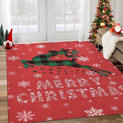 Christmas Rug Snow Reindeer Area Rugs for Living Room Washable Rug for Home Decor Non Slip Carpet Red 9*12Ft