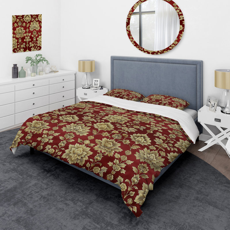 Ensemble de housse de couette Red Gold Damask Beauty II - Tiles, Housse de couette pour grand lit et 2 taies décor
