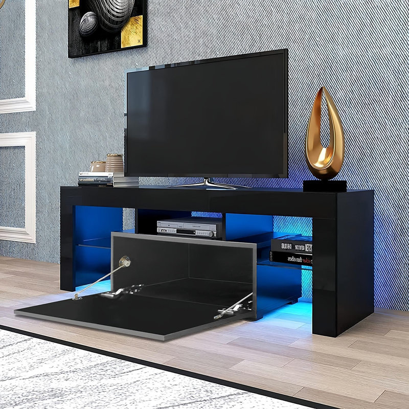 LED TV Stand For Televisions Up To 55 Inchs,Modern Entertainment Center With Down Filp Door, Glass Shelf And High Glossy UV Front Face, TV Console Table For Living Room,Bedroom. Black Color