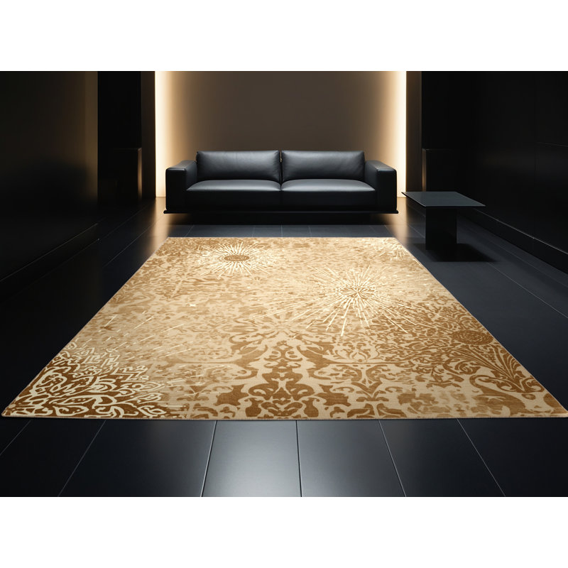 Machine Washable Oweda Fireworks Show Classic Damask Rug in Brown – Beige Binding, 6x9