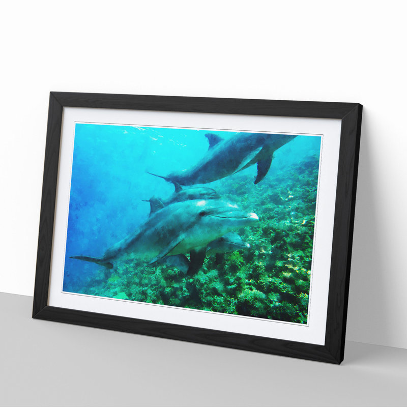 Dolphins - Picture Frame Painting, 36cm H x 48cm W x 2cm D, Black Framed