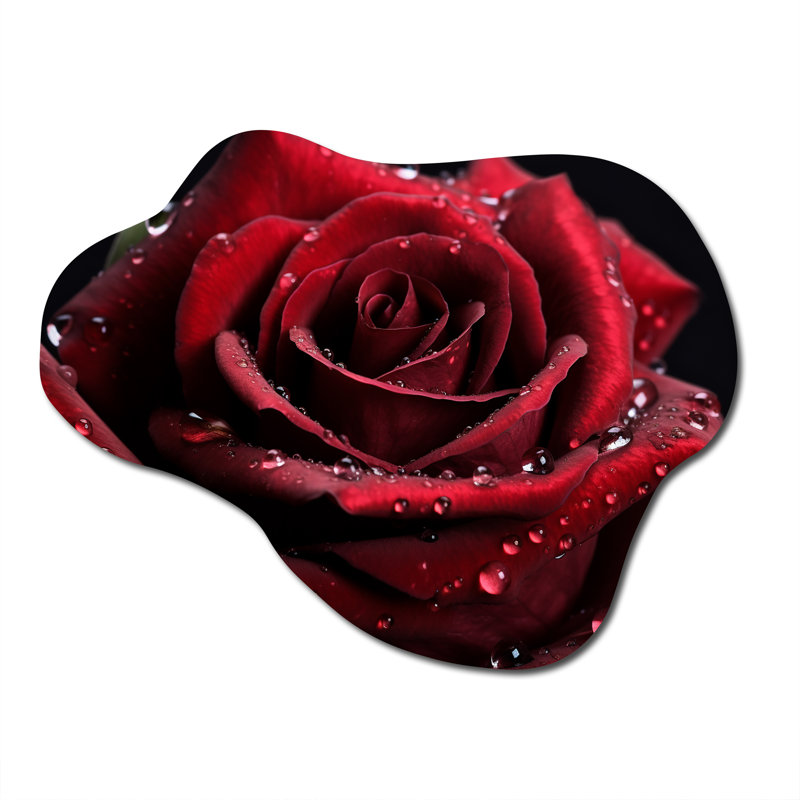 Rose rouge avec gouttes de pluie II - décoration murale irrégulière en forme de nuage floral en métal, H 27 po x l 35 po