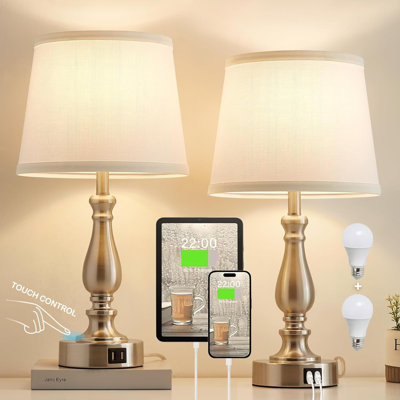 Ensemble de 2 lampes pour chambre à coucher, lampes de chevet avec ports USB, lampes de table de chevet à intensité variable à 3 voies avec abat-jour en tissu, lampe de table tactile pour le bureau de la chambre à coucher, ampoules incluses