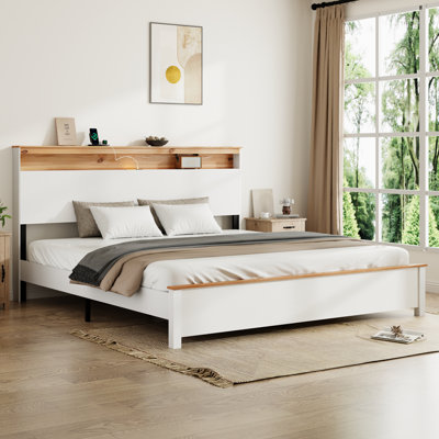 King Bedstead with Built-In Charging Station and Storage Headboard, All-Wood Rustic Farmhouse Design for Modern Convenience and Timeless Style.