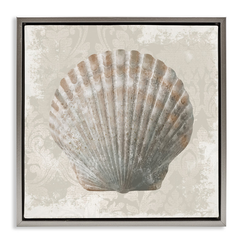Coquille de palourde sur motif rétro, H 18 po x l 18 po, Cadre flottant gris lustré