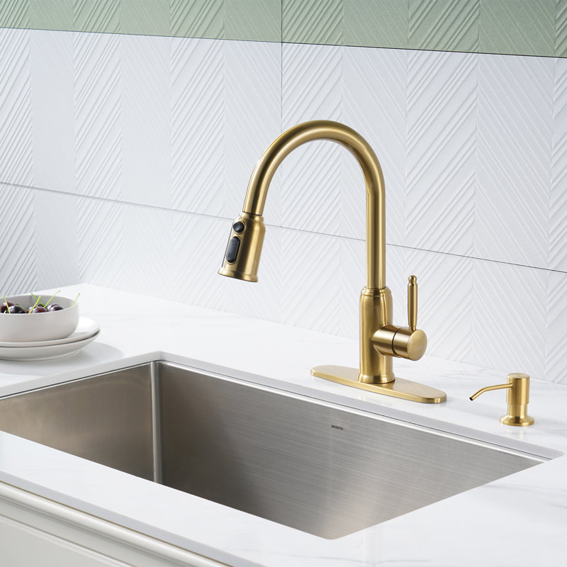 WOWOW Pull Down Kitchen Faucet with Soap Dispenser, Gold