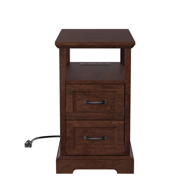 2-Drawer Farmhouse End Table With Built-In Outlets, Brown