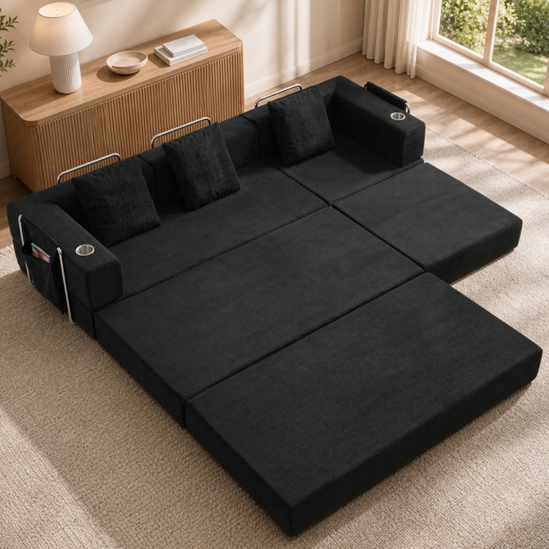 Canapé d'angle modulaire en L avec méridienne, 108 x 72 x 26 pouces, en velours côtelé noir, monobloc, aucun assemblage requis