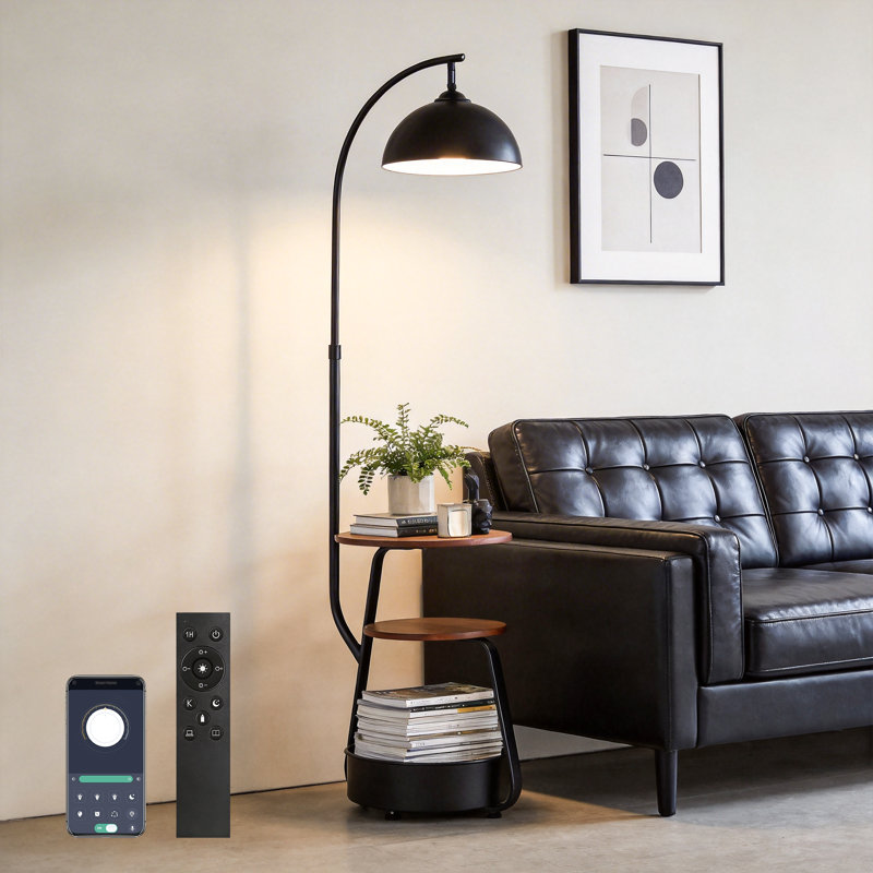 Modern Smart Floor Lamp with Side Table, Adjustable Height, Stepless Dimming, Remote & App Control, Matte Black Metal with Wood Shelves