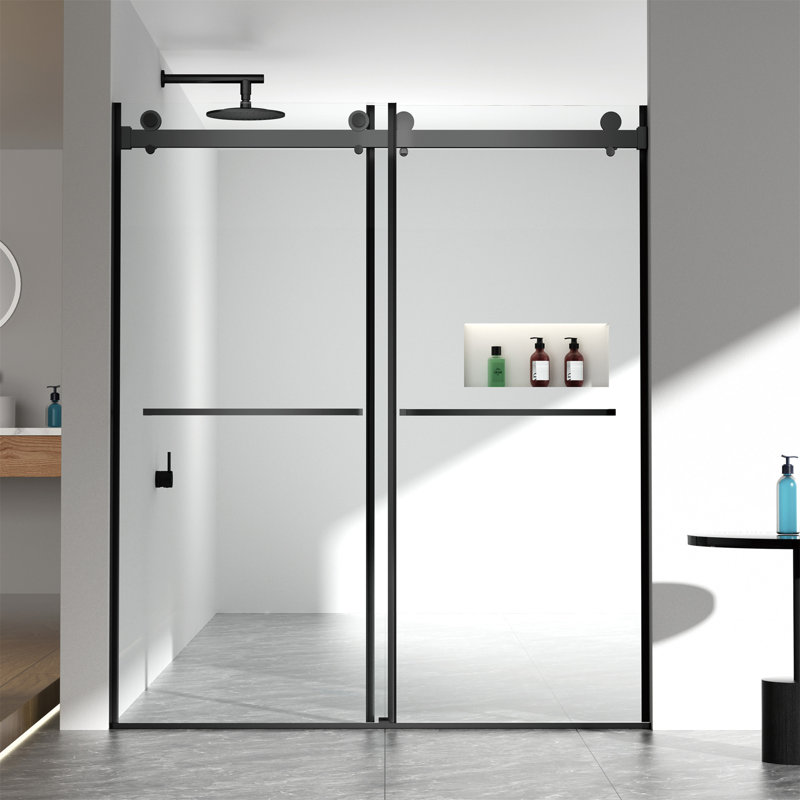 Porte de douche coulissante double sans cadre l 56 à 60 po x H 70 po, verre trempé clair de 5/16 po (8 mm) de large épaisseur avec couche de finition facile à nettoyer avec finition tampon