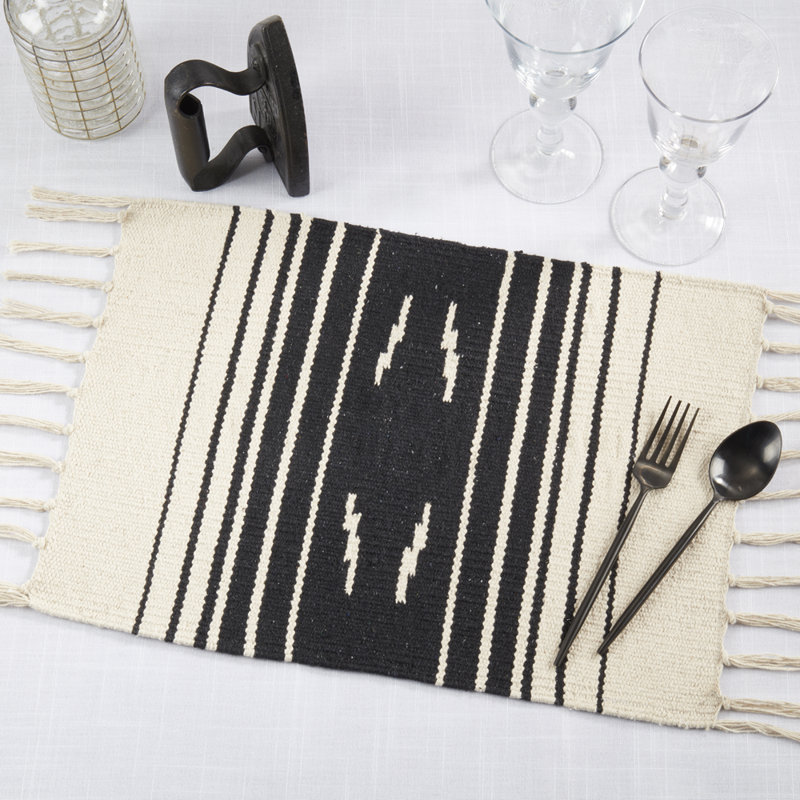 Black & Natural Southwestern Placemats With Fringe 12" W X 18" L, Set Of 4