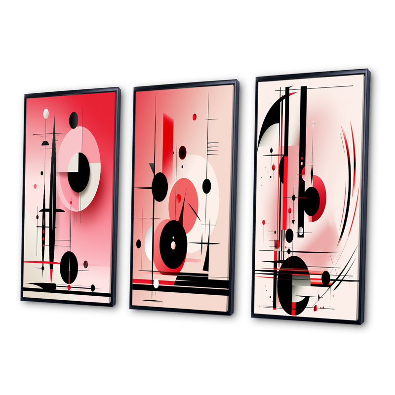 «In The Know Circular Geometrics Black and Pink», 3 pièces sur toile, Cadre flottant noir, H 32 po x l 48 po