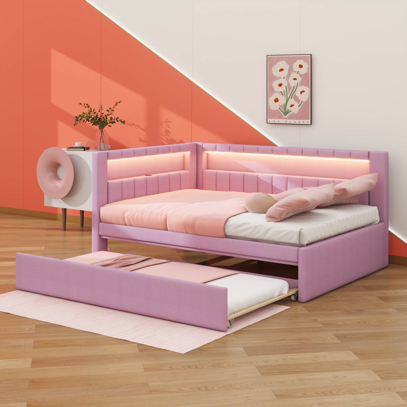 Lit plateforme entièrement rembourré avec ports USB, bande à DEL et lit gigogne, Double, Rose