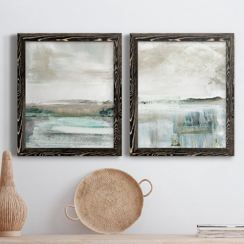 Summer Teal I - ensemble de 2 peintures sur toile encadrées, H 20 po x l 34 po x P 1,5 po, Cadre noir