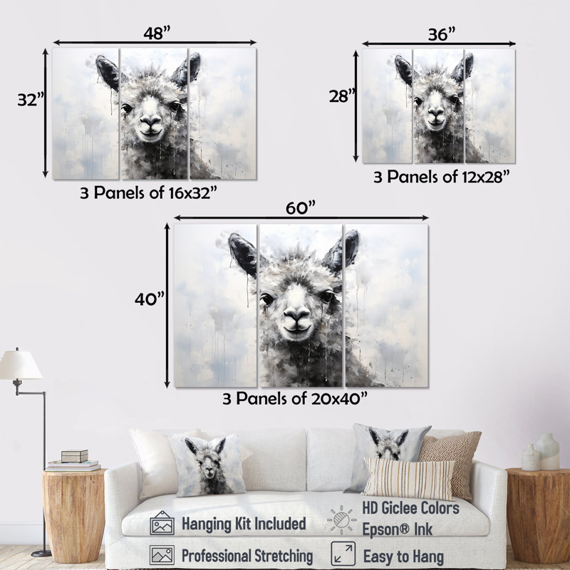 Blac et blanc minimalisme alpaga monochrome - ensemble d'art mural Alpacas, H 32 po x l 48 po