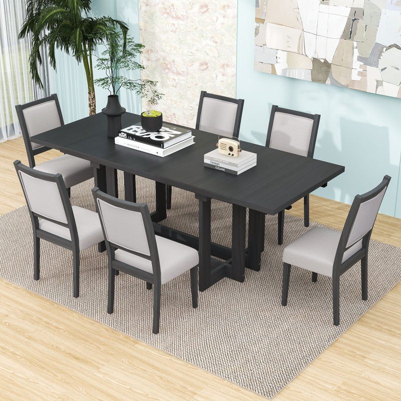 Ensemble de salle à manger extensible 7 pièces avec table à tréteaux, 2 rallonges amovibles et 6 chaises rembourrées, Gris