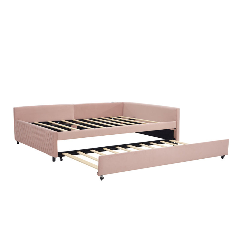 Upholstered Daybed with Trundle,sturdy wooden bed frame, modern diamond grid design,for Bedroom, Guest Room, Pink